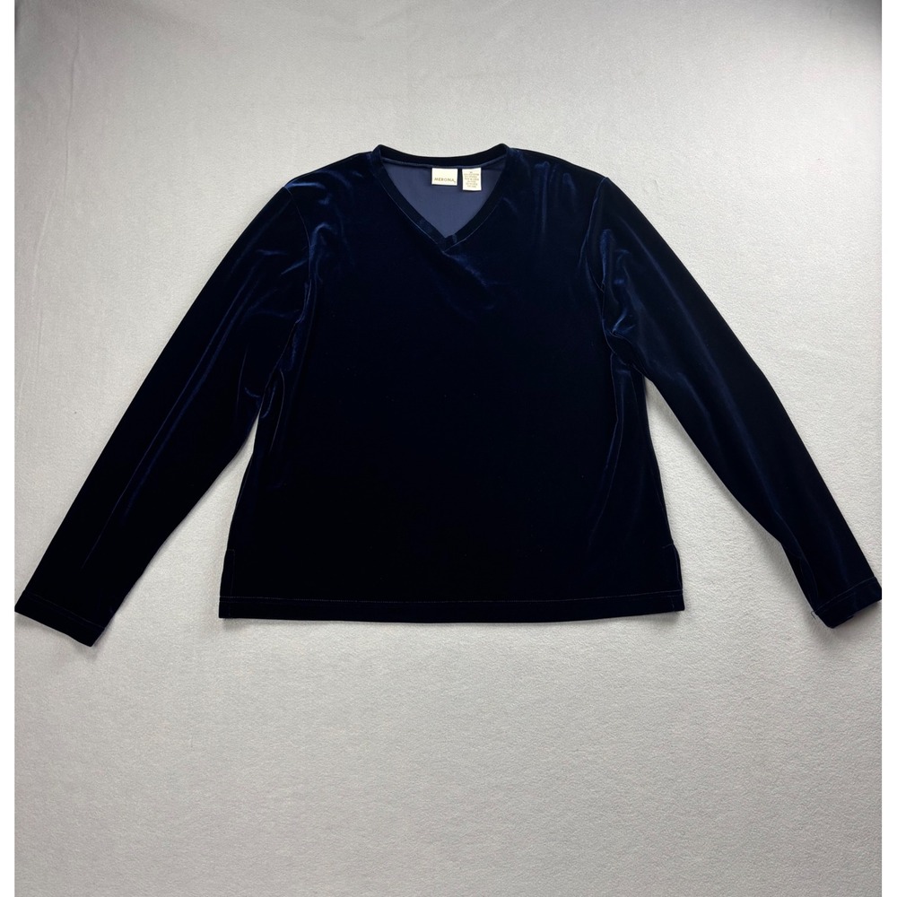 Merona Womens XL Navy Blue Velvet V-Neck Long Sleeve Top Stretchy Pullover